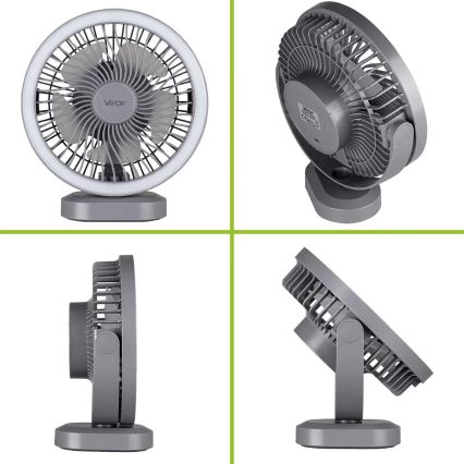 Ventilator LED reîncărcabil de masă cu iluminare LED/3W/5V USB 2400 mAh gri