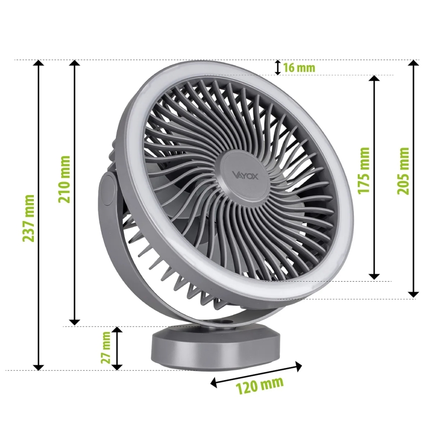 Ventilator LED reîncărcabil de masă cu iluminare LED/3W/5V USB 2400 mAh gri