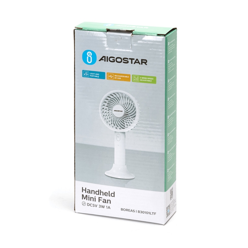 Ventilator reîncărcabil de buzunar Aigostar 3W/5V 1500mAh USB alb