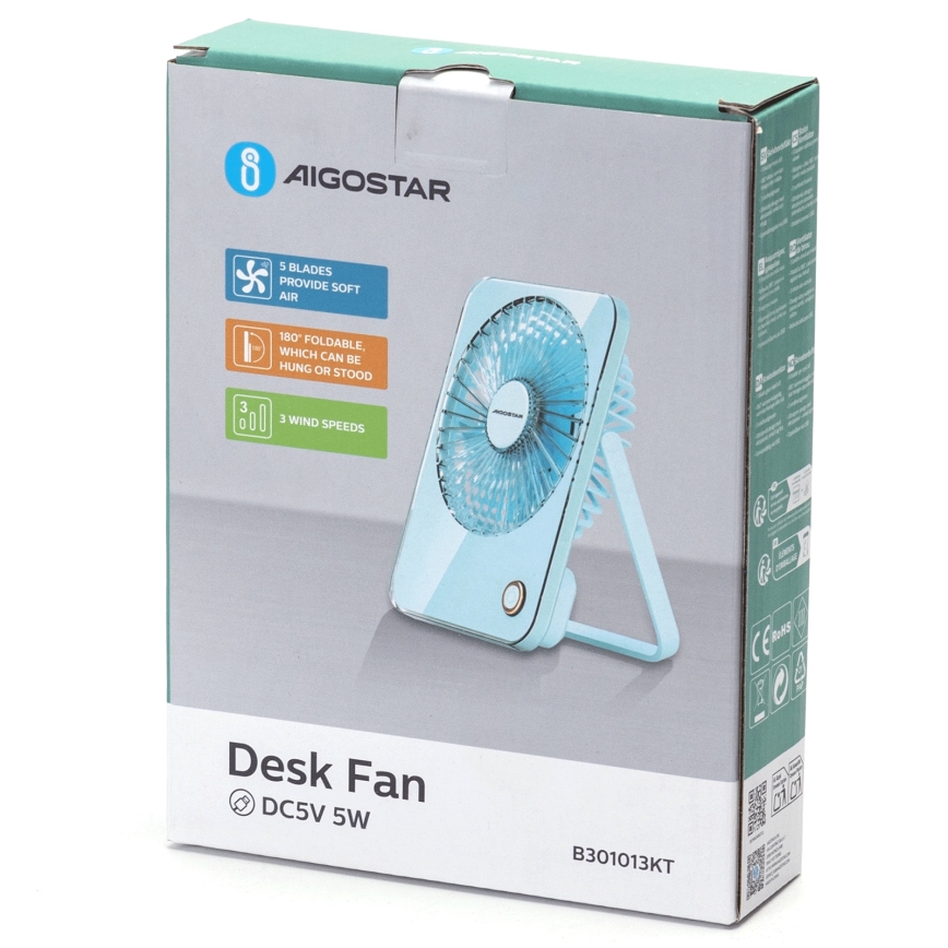 Ventilator reîncărcabil de masă Aigostar 5W/5V 3600mAh USB albastru