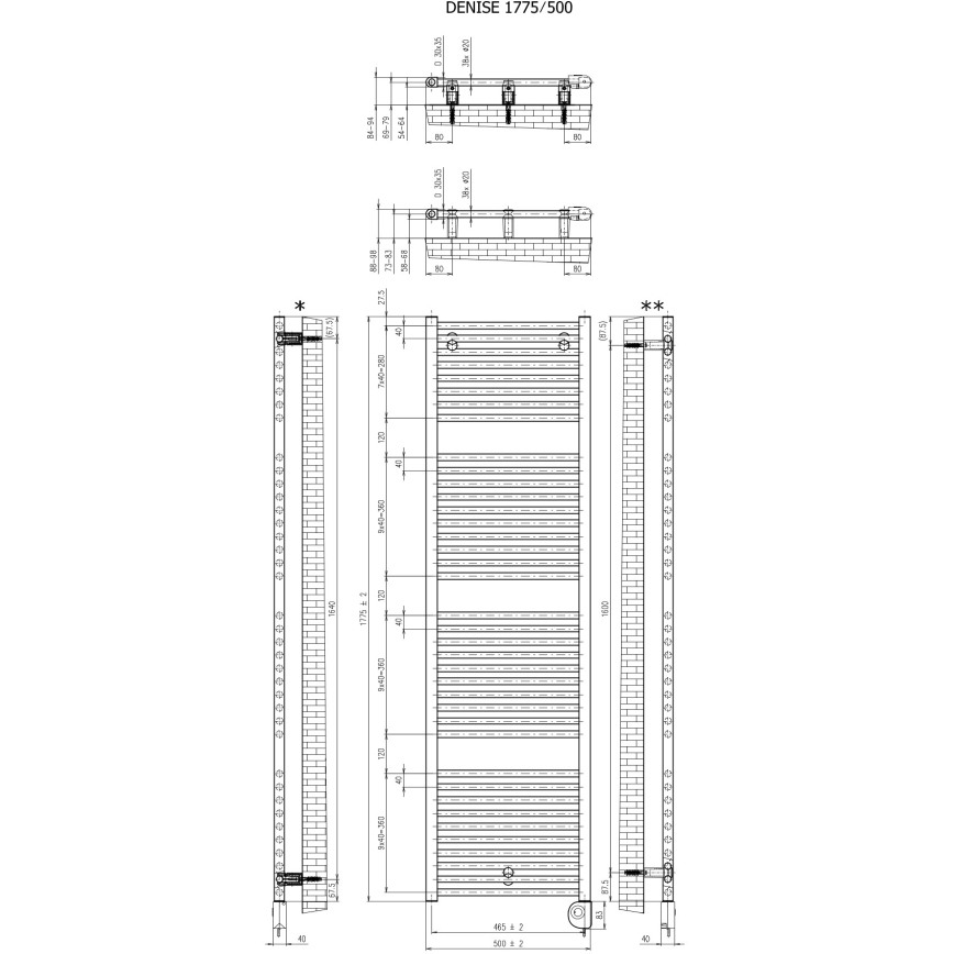 Vertaduro - Radiator de baie cu termostat DENISE 800 W 178 x 50 cm negru