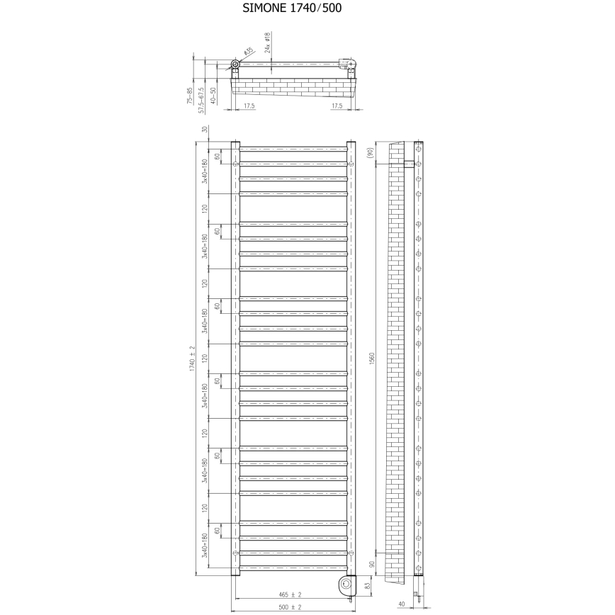 Vertaduro - Radiator de baie SIMONE cu termostat, 600 W, 174 x 50 cm, antracit