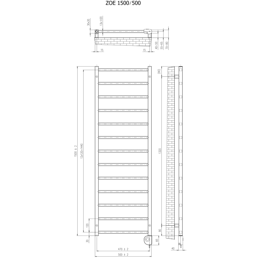 Vertaduro ZOE - radiator de baie cu termostat, 400 W, 150 x 50 cm, negru