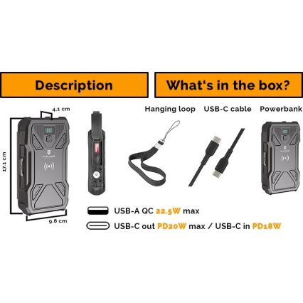 Viking - Powerbank 10000 mAh, Power Delivery 22,5W, lanternă LED, încărcare wireless și panou solar