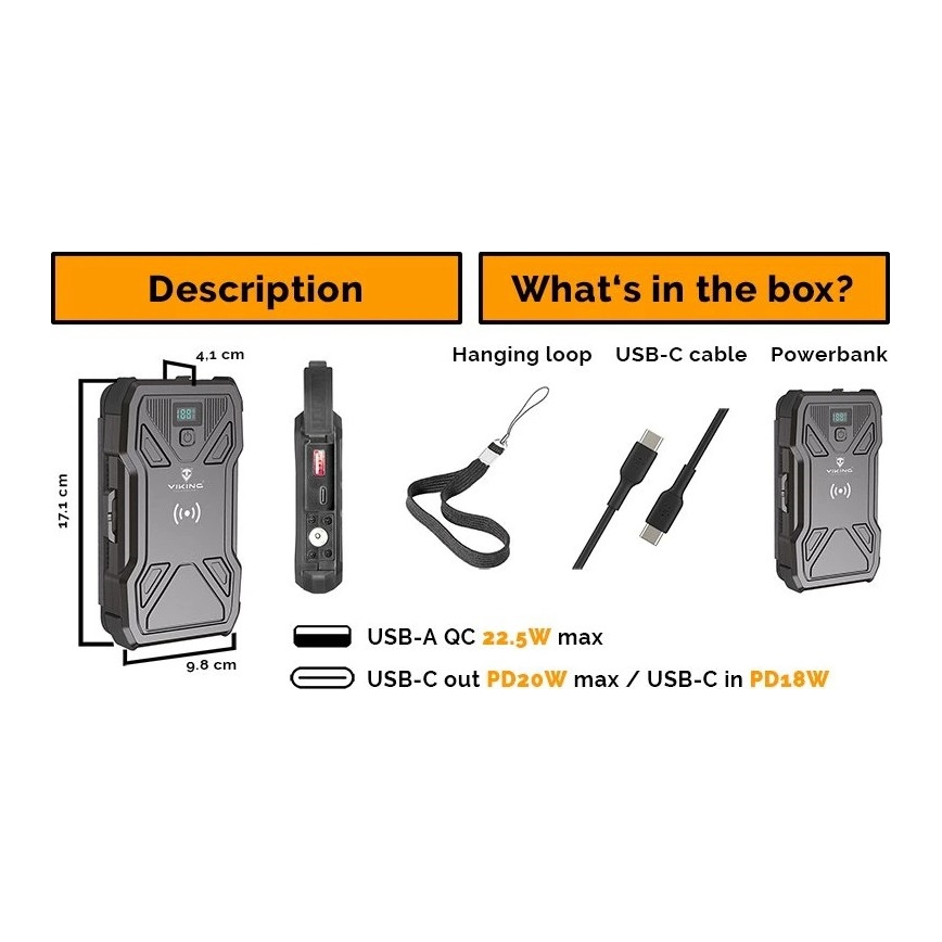 Viking - Powerbank 10000 mAh, Power Delivery 22,5W, lanternă LED, încărcare wireless și panou solar