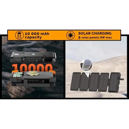 Viking - Powerbank 10000 mAh, Power Delivery 22,5W, lanternă LED, încărcare wireless și panou solar