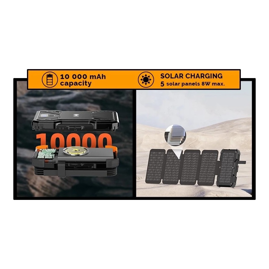 Viking - Powerbank 10000 mAh, Power Delivery 22,5W, lanternă LED, încărcare wireless și panou solar