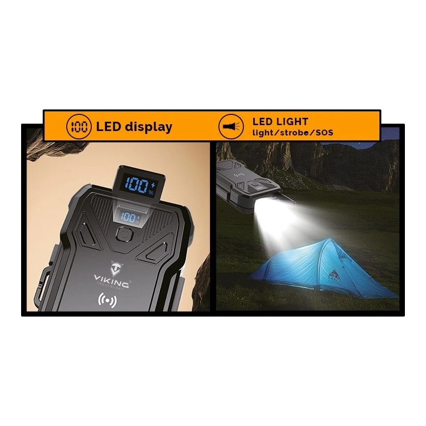Viking - Powerbank 10000 mAh, Power Delivery 22,5W, lanternă LED, încărcare wireless și panou solar