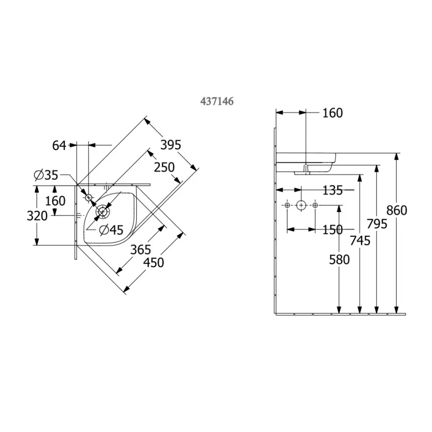 Villeroy & Boch 43714601 - Lavoar suspendat de colț SUBWAY 3.0 32x32 cm ceramică/alb