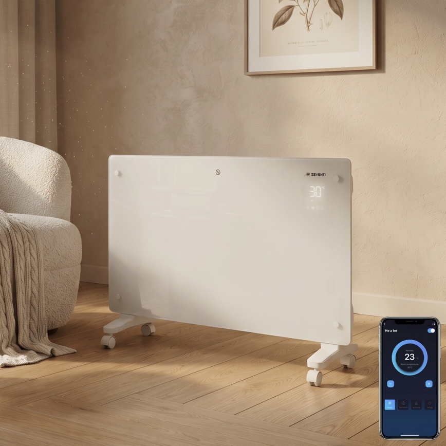 ZEVENTI - Încălzitor electric/convector inteligent montat pe perete cu afișaj LCD 1000/2000W/230V Wi-Fi alb