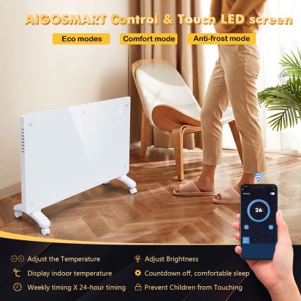 ZEVENTI - Încălzitor electric/convector inteligent montat pe perete cu afișaj LCD 1000/2000W/230V Wi-Fi alb