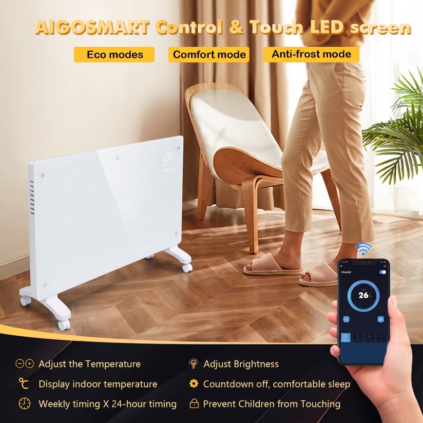 ZEVENTI - Încălzitor electric/convector inteligent montat pe perete cu afișaj LCD 1000/2000W/230V Wi-Fi alb