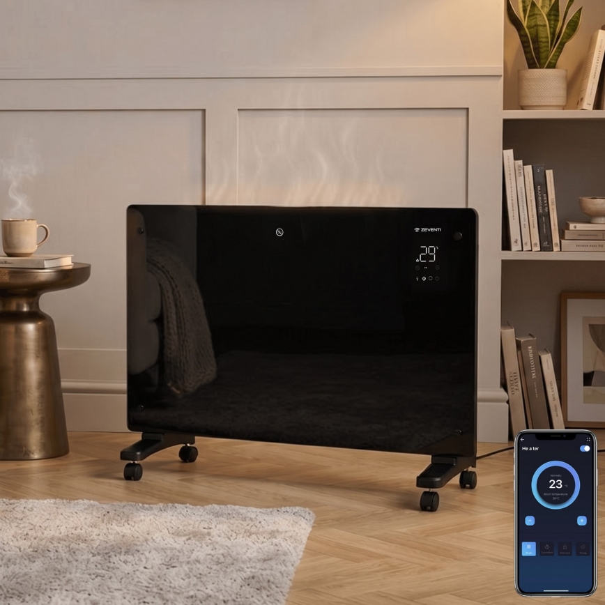 ZEVENTI - Încălzitor/convector electric inteligent de perete cu afișaj LCD 1000/2000W/230V Wi-Fi negru