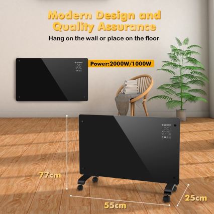 ZEVENTI - Încălzitor/convector electric inteligent de perete cu afișaj LCD 1000/2000W/230V Wi-Fi negru