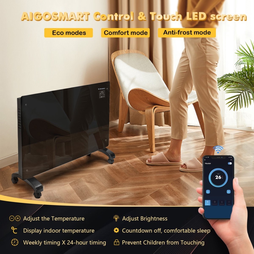 ZEVENTI - Încălzitor/convector electric inteligent de perete cu afișaj LCD 1000/2000W/230V Wi-Fi negru