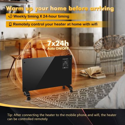 ZEVENTI - Încălzitor/convector electric inteligent de perete cu afișaj LCD 1000/2000W/230V Wi-Fi negru