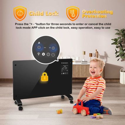 ZEVENTI - Încălzitor/convector electric inteligent de perete cu afișaj LCD 1000/2000W/230V Wi-Fi negru