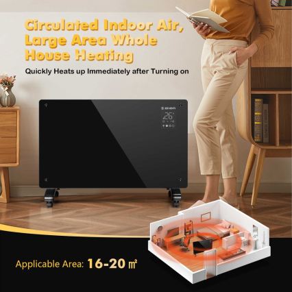 ZEVENTI - Încălzitor/convector electric inteligent de perete cu afișaj LCD 1000/2000W/230V Wi-Fi negru