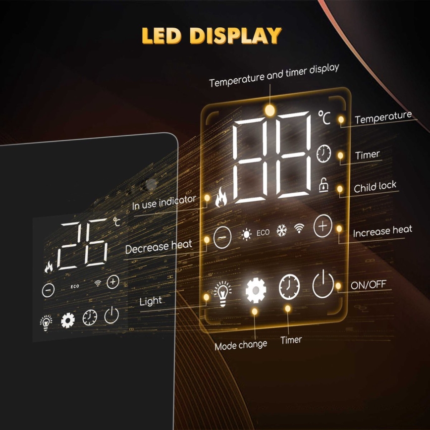 ZEVENTI - Încălzitor/convector electric inteligent de perete cu afișaj LCD 1000/2000W/230V Wi-Fi negru