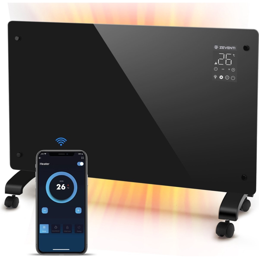 ZEVENTI - Încălzitor/convector electric inteligent de perete cu afișaj LCD 1000/2000W/230V Wi-Fi negru
