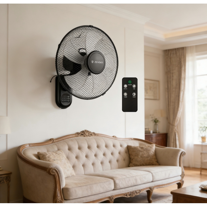 ZEVENTI - Ventilator de perete FANNY, 45W/230V, Ø 41 cm, negru, cu telecomandă