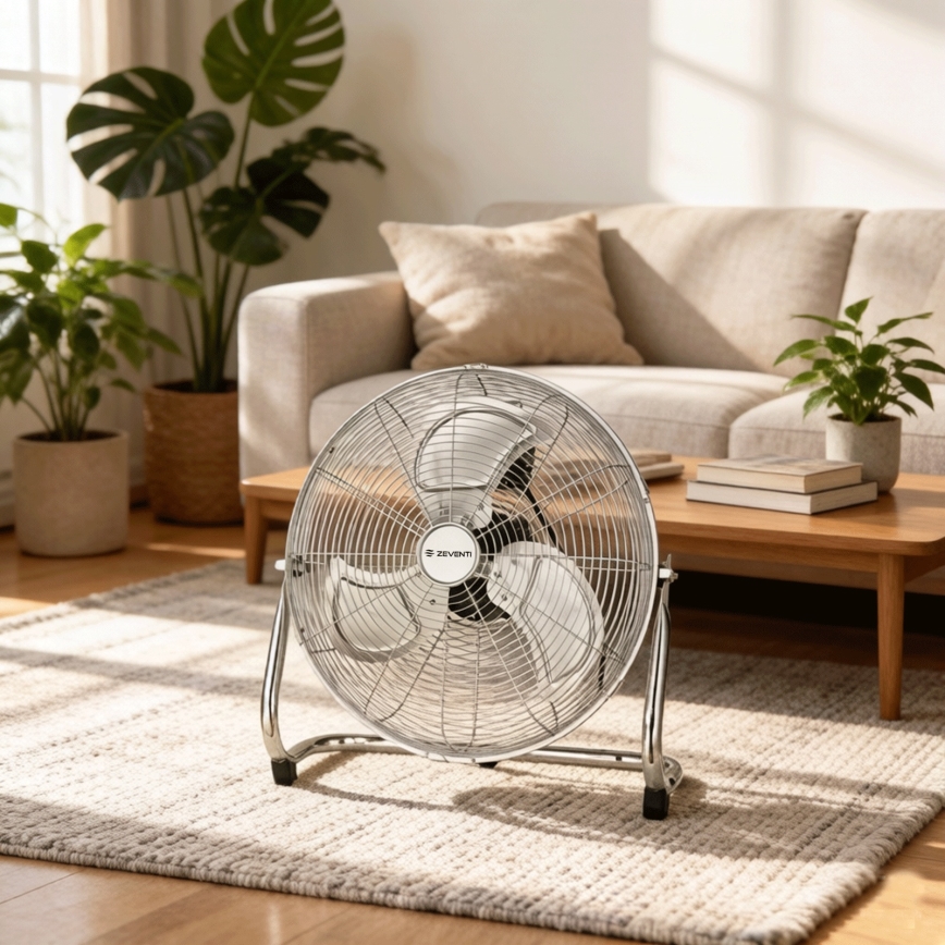 ZEVENTI - Ventilator de podea FLOW, 100W/230V, Ø 54 cm, crom lucios