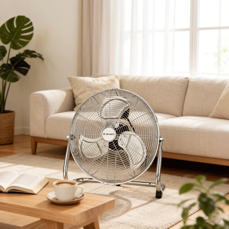 ZEVENTI - Ventilator de podea FLOW, 100W/230V, Ø 54 cm, crom lucios