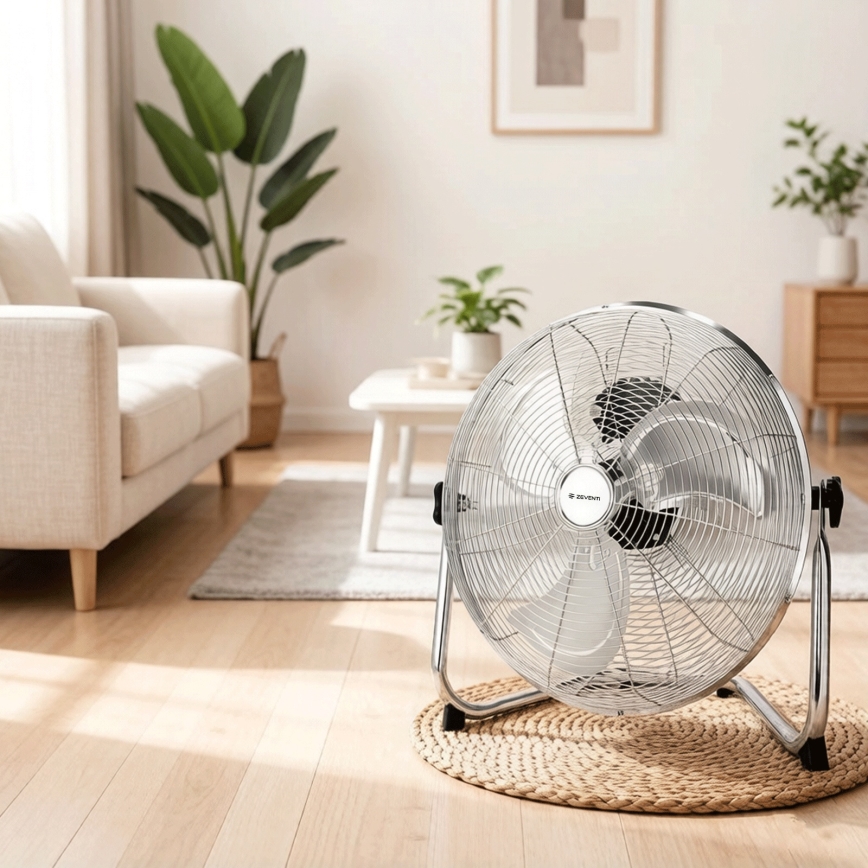 ZEVENTI - Ventilator de podea FLOW, 60 W/230 V, 44,5 cm, crom lucios