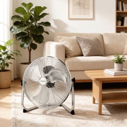 ZEVENTI - Ventilator de podea FLOW, 60 W/230 V, 44,5 cm, crom lucios