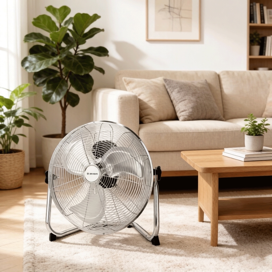 ZEVENTI - Ventilator de podea FLOW, 60 W/230 V, 44,5 cm, crom lucios