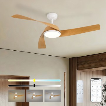 ZEVENTI - Ventilator de tavan AERYS cu LED dimabil, 24W/230V, 3000/4000/6000K, Wi-Fi Tuya, alb/stejar + telecomandă