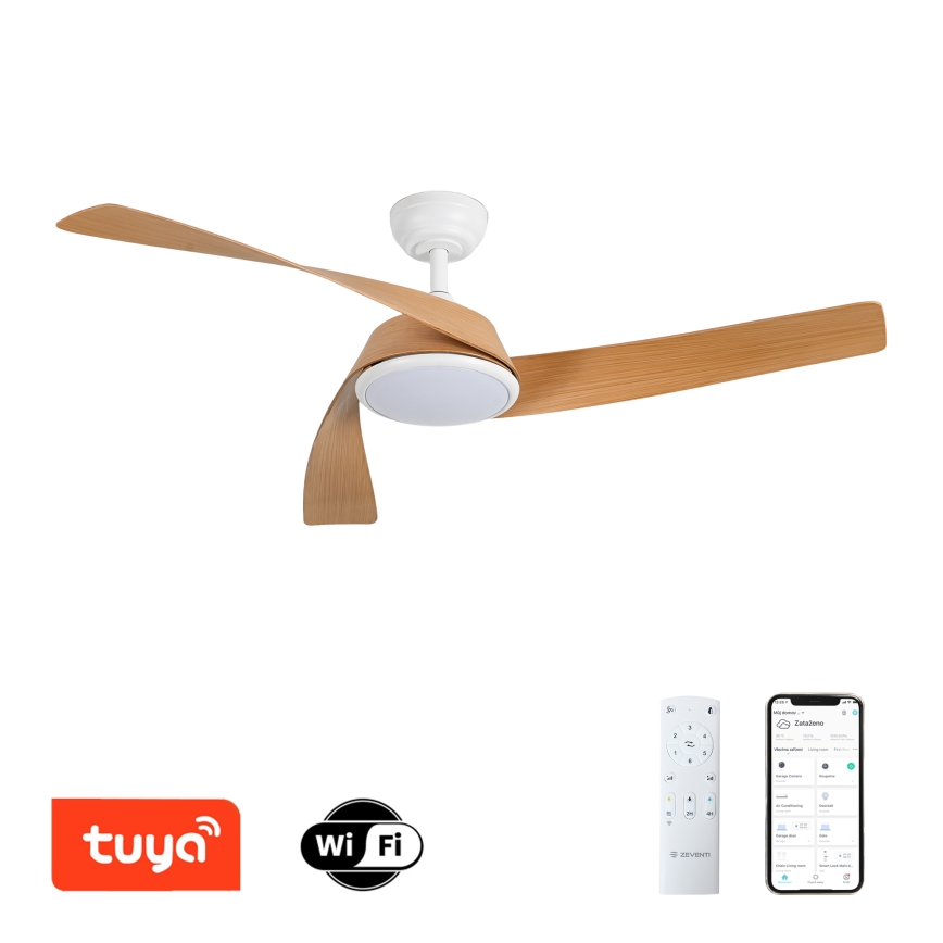 ZEVENTI - Ventilator de tavan LED reglabil AERYS LED/24W/230V 3000/4000/6000K Wi-Fi Tuya alb/stejar + telecomandă
