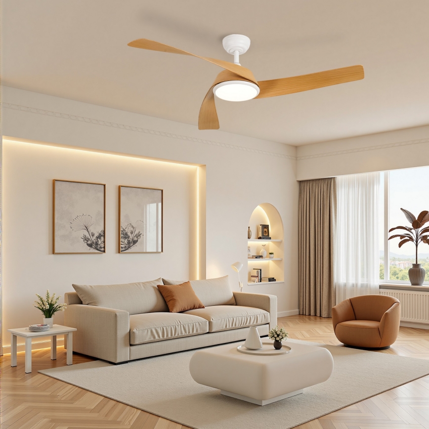 ZEVENTI - Ventilator de tavan LED reglabil AERYS LED/24W/230V 3000/4000/6000K Wi-Fi Tuya alb/stejar + telecomandă