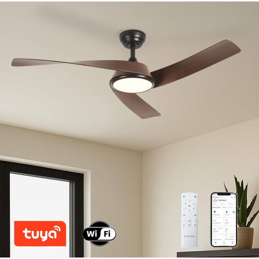 ZEVENTI - Ventilator de tavan LED dimabil AERYS LED/24W/230V 3000/4000/6000K Wi-Fi Tuya negru/nuc + telecomandă