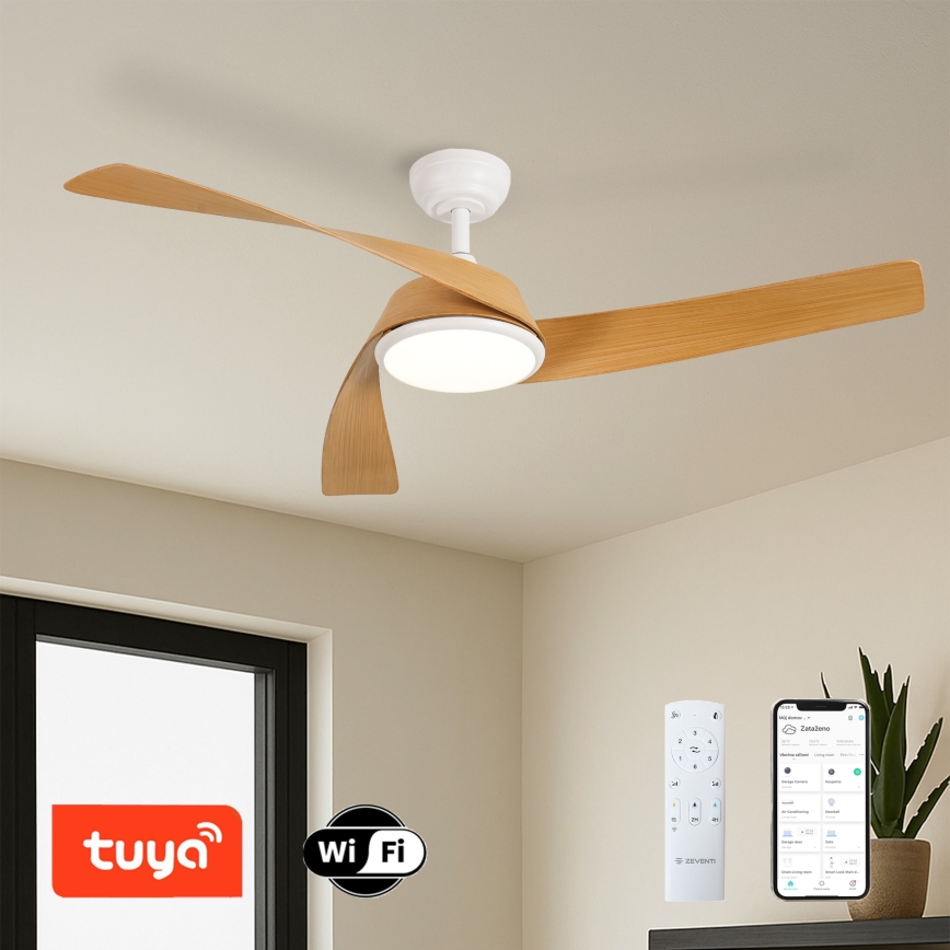 ZEVENTI - Ventilator de tavan AERYS cu LED dimabil, 24W/230V, 3000/4000/6000K, Wi-Fi Tuya, alb/stejar + telecomandă
