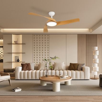ZEVENTI - Ventilator de tavan AERYS cu LED dimabil, 24W/230V, 3000/4000/6000K, Wi-Fi Tuya, alb/stejar + telecomandă