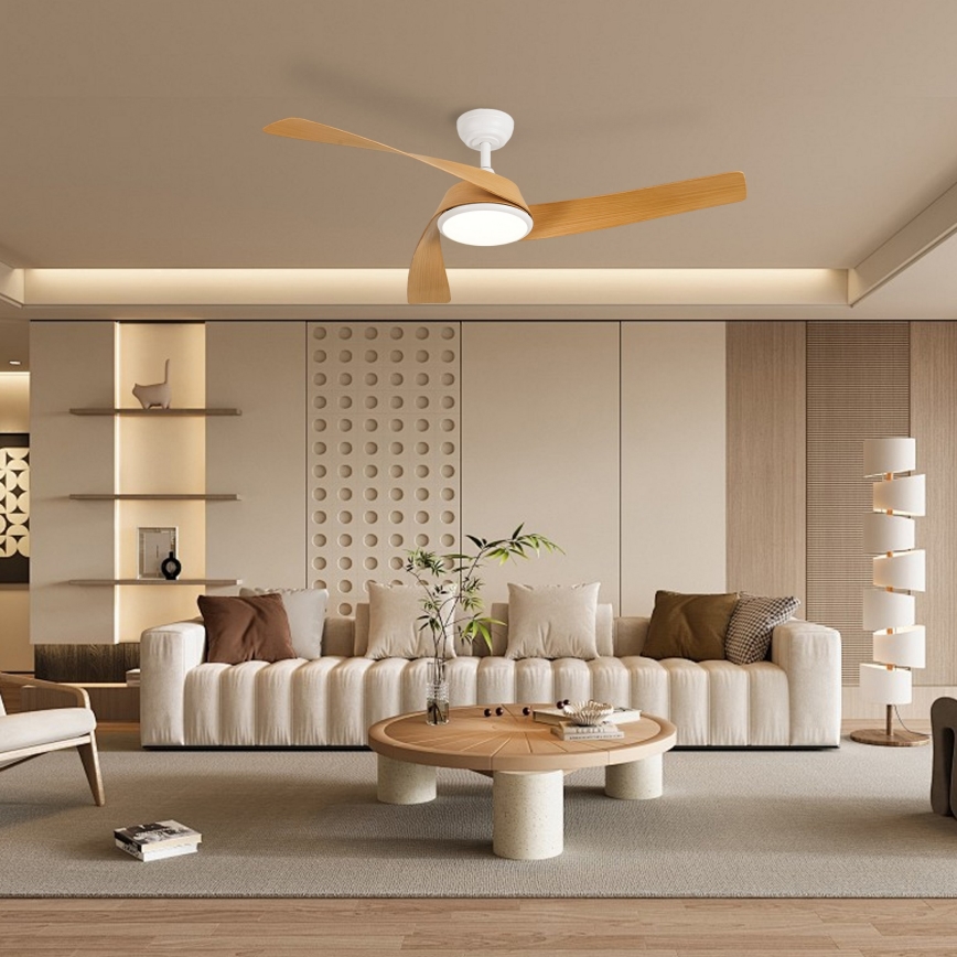 ZEVENTI - Ventilator de tavan AERYS cu LED dimabil, 24W/230V, 3000/4000/6000K, Wi-Fi Tuya, alb/stejar + telecomandă