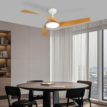 ZEVENTI - Ventilator de tavan AERYS cu LED dimabil, 24W/230V, 3000/4000/6000K, Wi-Fi Tuya, alb/stejar + telecomandă
