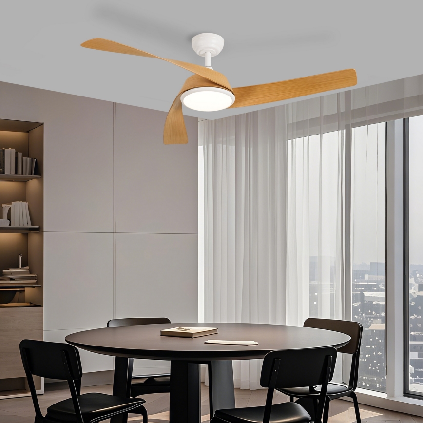 ZEVENTI - Ventilator de tavan AERYS cu LED dimabil, 24W/230V, 3000/4000/6000K, Wi-Fi Tuya, alb/stejar + telecomandă