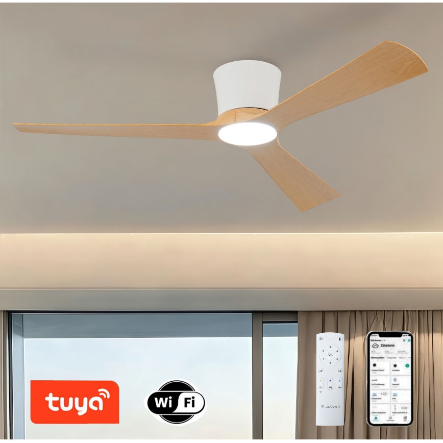ZEVENTI - Ventilator de tavan LED dimabil AUREX LED/24W/230V 3000/4000/6000K Wi-Fi Tuya alb/stejar + telecomandă