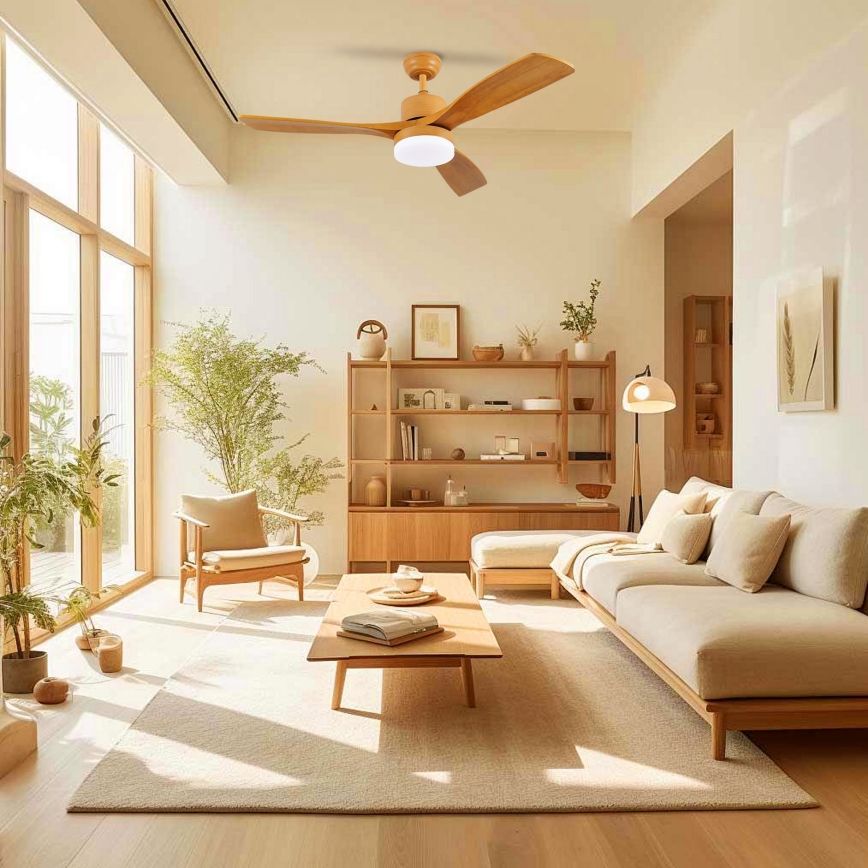 ZEVENTI - Ventilator de tavan LED MARE, 24 W, 230 V, 3000/4000/6000 K, Wi‑Fi Tuya, finisaj stejar + telecomandă