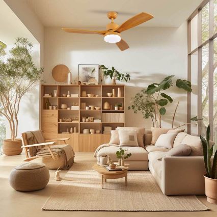 ZEVENTI - Ventilator de tavan LED MARE, 24 W, 230 V, 3000/4000/6000 K, Wi‑Fi Tuya, finisaj stejar + telecomandă