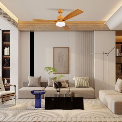 ZEVENTI - Ventilator de tavan LED MARE, 24 W, 230 V, 3000/4000/6000 K, Wi‑Fi Tuya, finisaj stejar + telecomandă