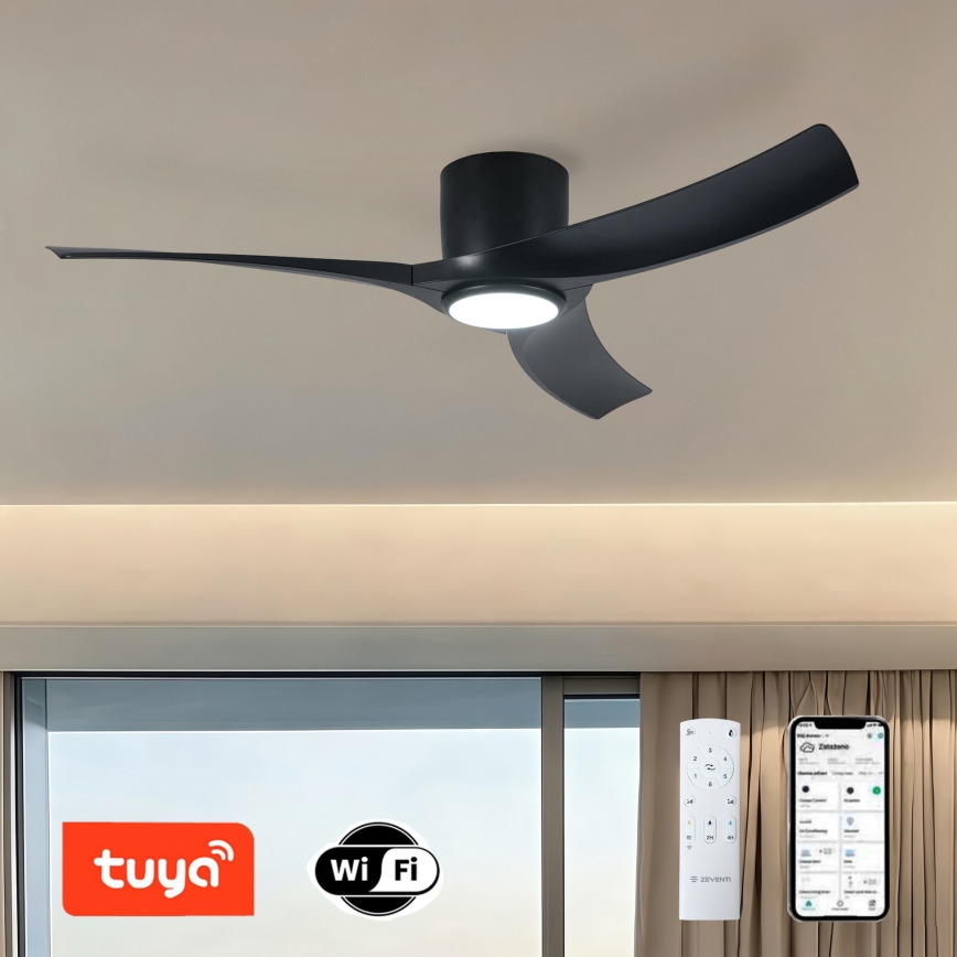 ZEVENTI - Ventilator de tavan ORBITO cu LED dimabil, 24W/230V, 3000/4000/6000K, Wi‑Fi Tuya, negru + telecomandă