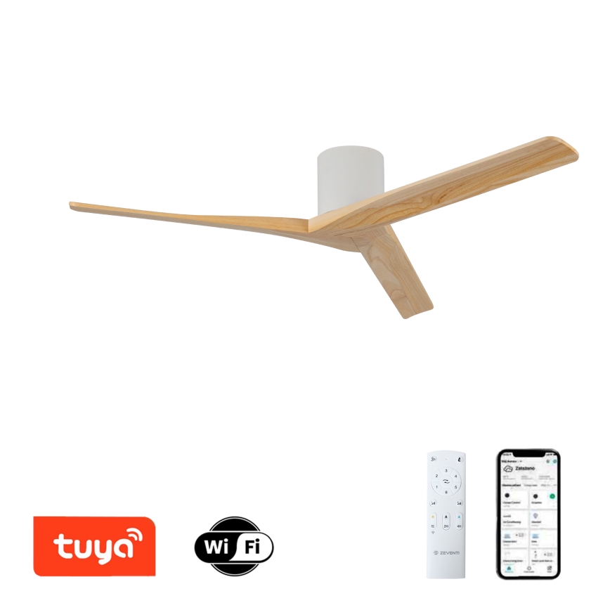 ZEVENTI - Ventilator de tavan VELLON Wi‑Fi Tuya, alb/paulownia + telecomandă