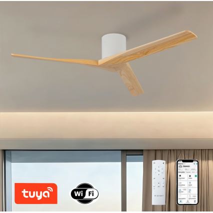 ZEVENTI - Ventilator de tavan VELLON Wi‑Fi Tuya, alb/paulownia + telecomandă