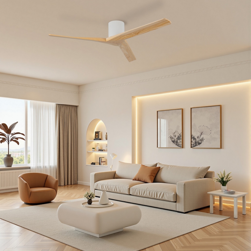 ZEVENTI - Ventilator de tavan VELLON Wi‑Fi Tuya, alb/paulownia + telecomandă