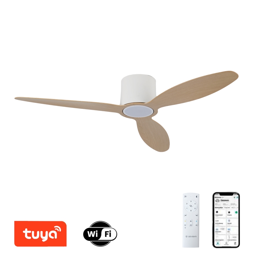 ZEVENTI - Ventilator de tavan VENTORA LED reglabil, 24W, 230V, 3000/4000/6000K, Wi-Fi Tuya, alb/stejar + telecomandă