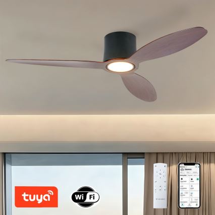 ZEVENTI - Ventilator de tavan VENTORA LED cu intensitate reglabilă, 24W/230V 3000/4000/6000K Wi-Fi Tuya negru/nuc + telecomandă