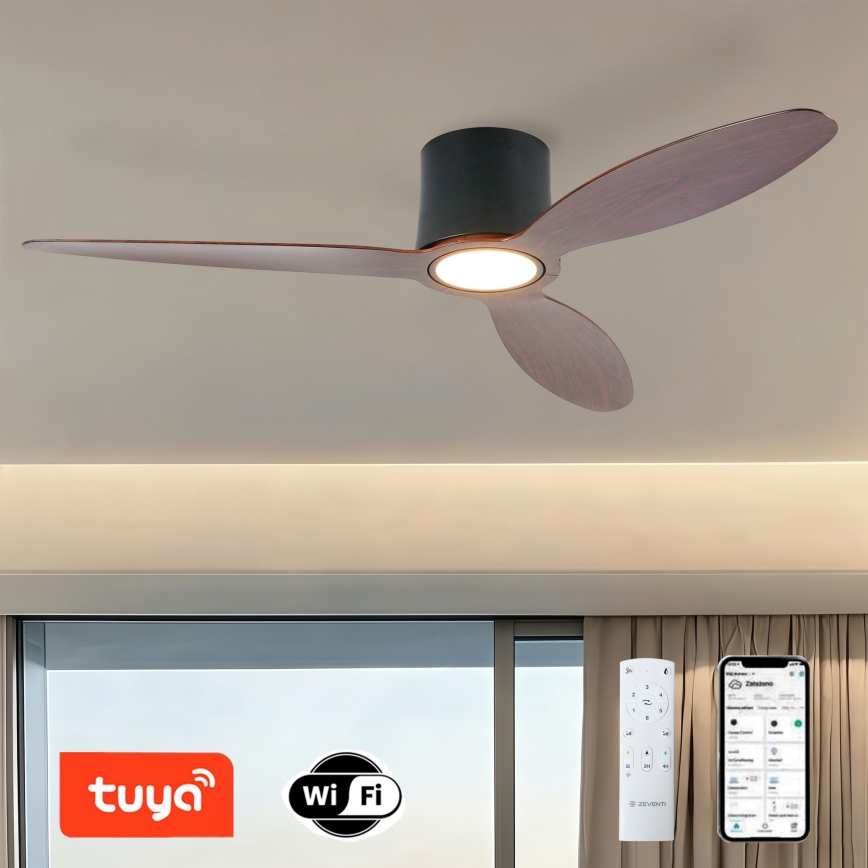 ZEVENTI - Ventilator de tavan VENTORA LED cu intensitate reglabilă, 24W/230V 3000/4000/6000K Wi-Fi Tuya negru/nuc + telecomandă